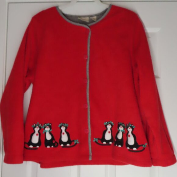 Vintage Christmas Red Fleece Sweater Cardigan Baxter Wells Cat Mistletoe XL - Picture 4 of 12